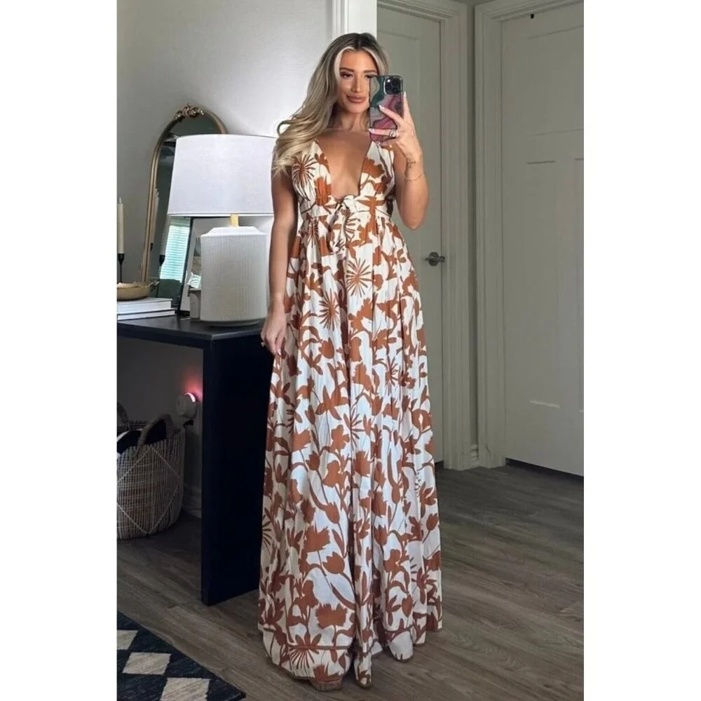 Aakaa Floral Maxi Dress Women Sz S Reddish Brown & White Summer - Picture 13 of 14